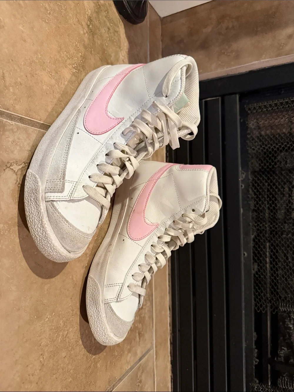 Nike Women's High-Top Sneakers in White with Pink Swoosh